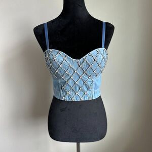 Women's Cut Light Wash Denim Rhinestone Adjustable Strap Cropped Bustier Size S